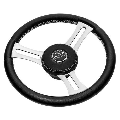 Schmitt Marine Torcello Elite 14" Wheel - Black Leather Cap - White Stitching - Polished SS Spokes - 3/4" Tapered Shaft