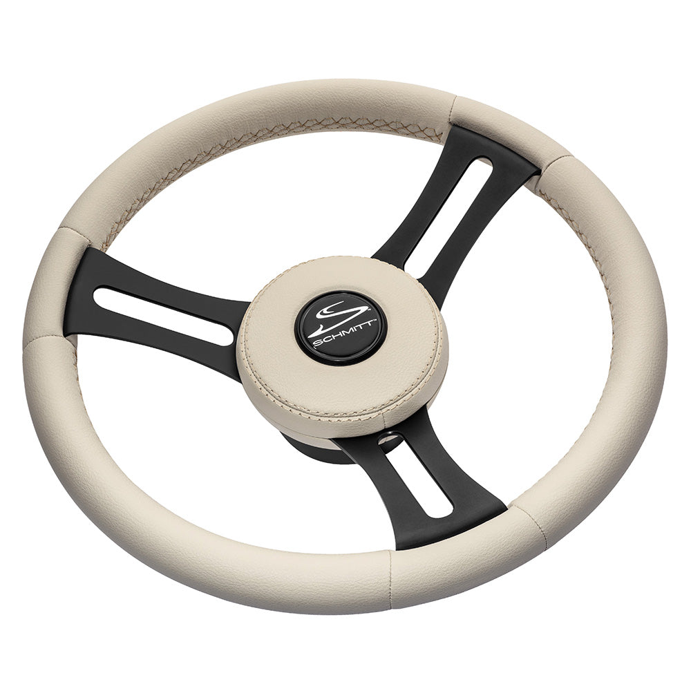 Schmitt Marine Torcello Elite 14" Wheel - Beige Leather Cap - White Stitching - Black SS Spokes - 3/4" Tapered Shaft